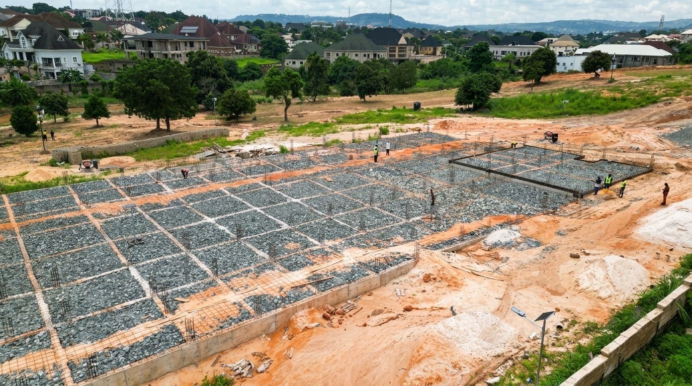 The completed ground beam grid from the air, every bay filled with hardcore ahead of the floor slab
