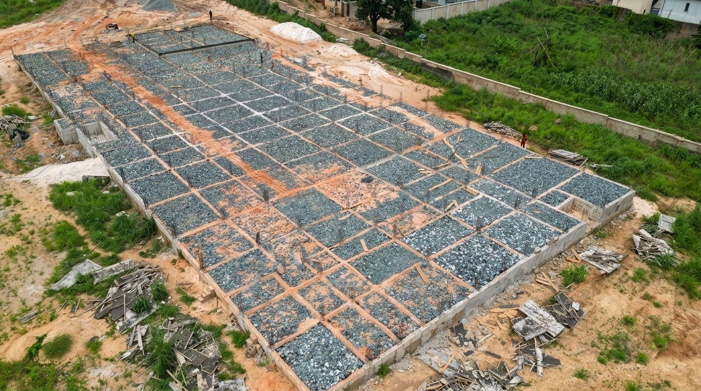 The same grid at closer range, with the filled bays and perimeter beams ready for slab construction