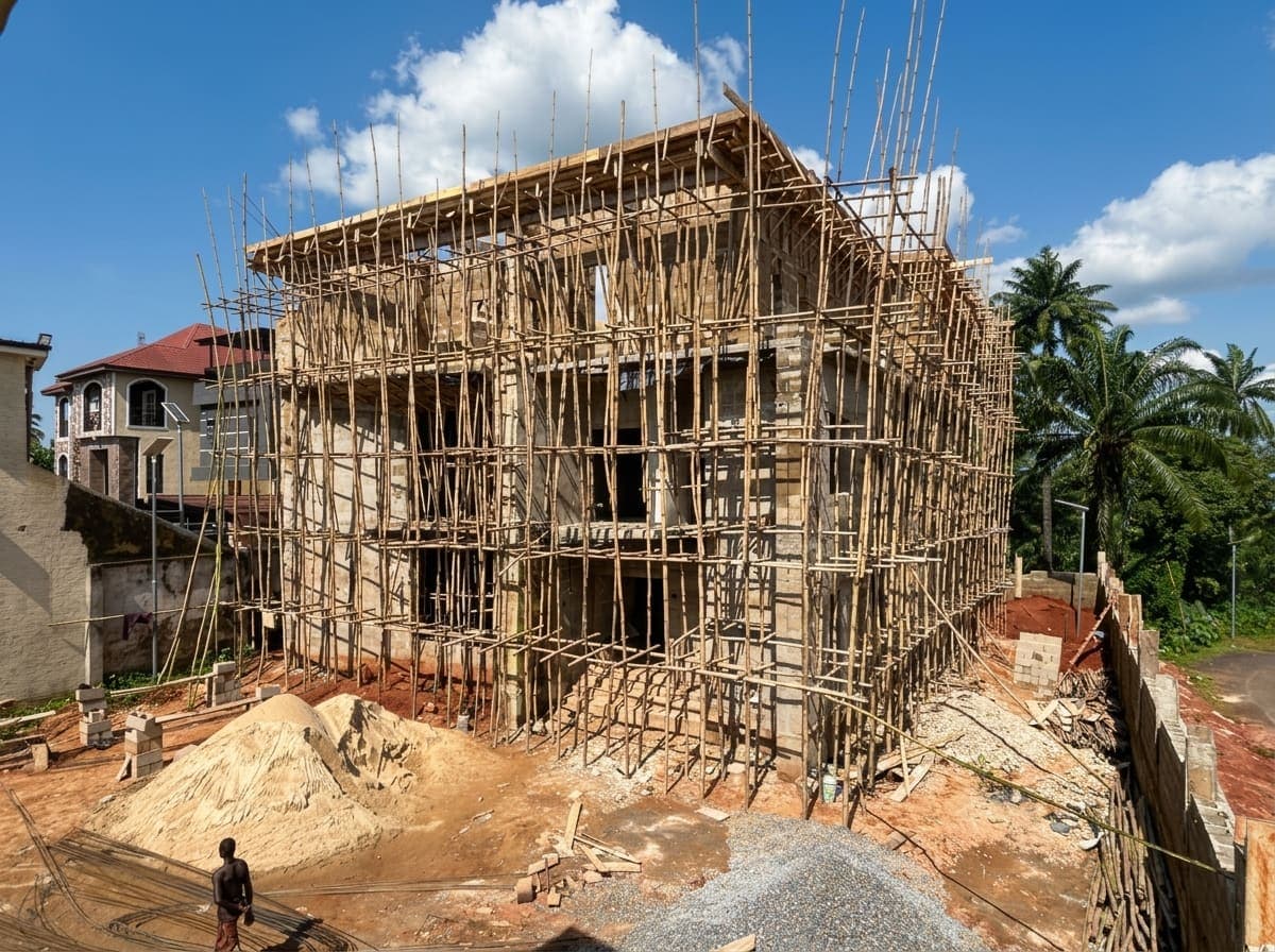 Side view with the frame complete to roof level and sharp sand stockpiled on site for the next pour