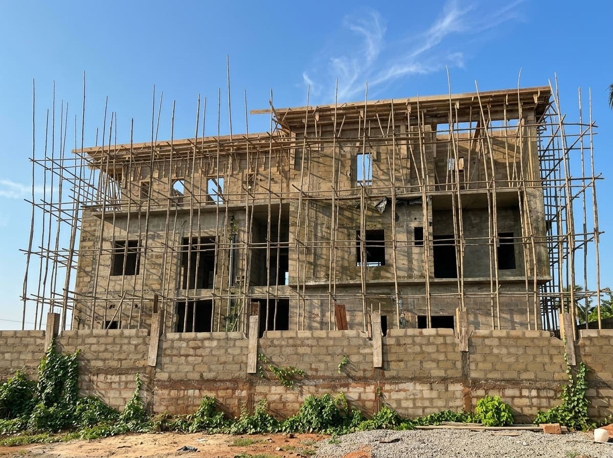 The building from the boundary, blockwork raised through both floors and the perimeter wall under construction alongside