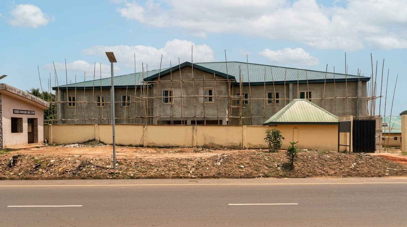 The facility from the road frontage, roof sheeting complete and the perimeter wall and gate in place