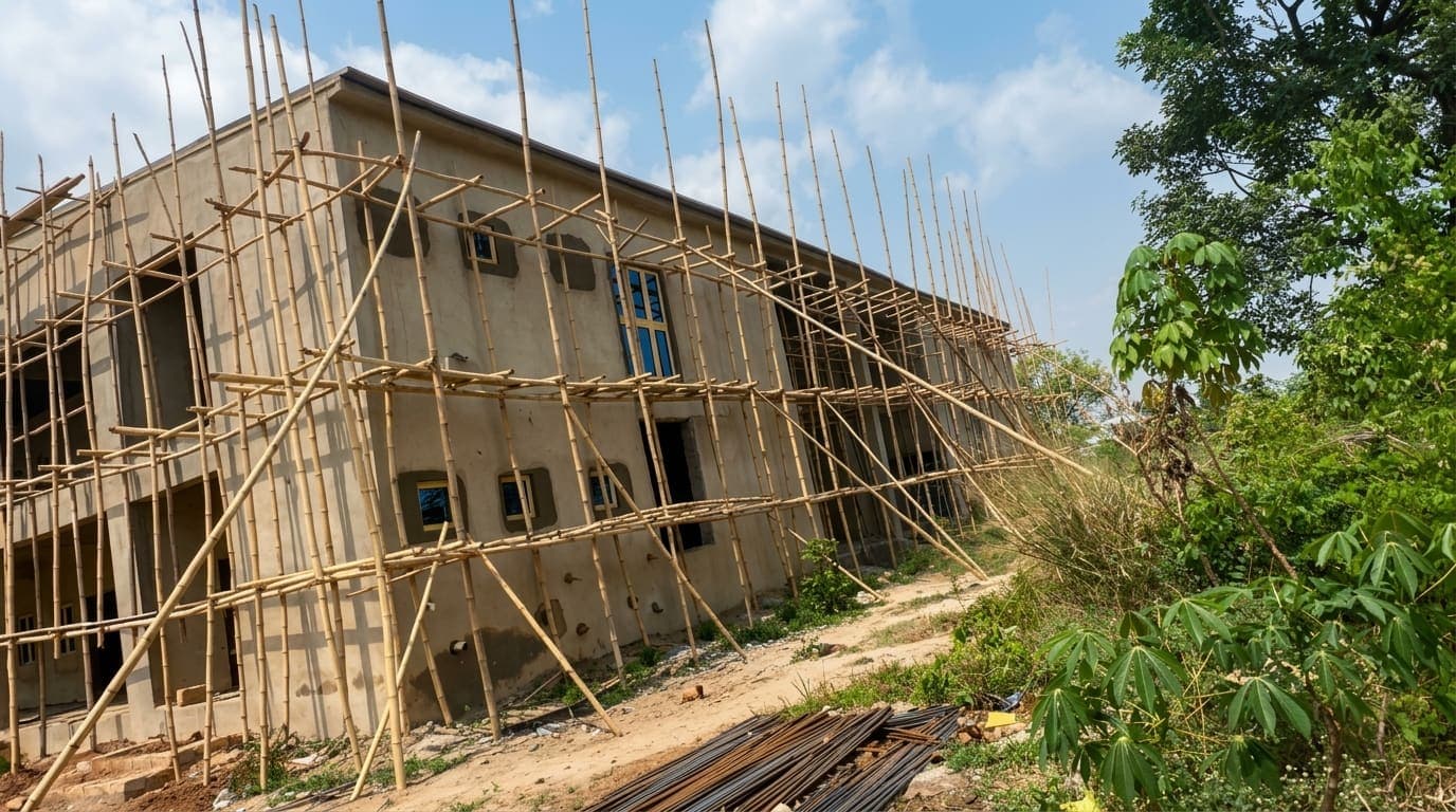 Corner view with the scaffolding carried around the side elevation and the window openings formed through both floors