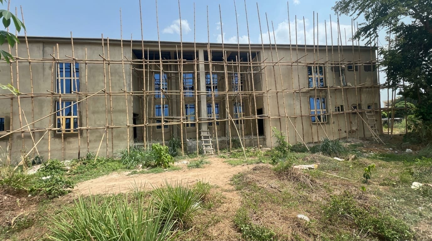 Side elevation with windows installed and the scaffolding still in place for external finishes